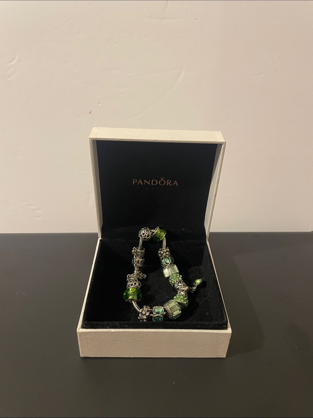 Pandora Silver Bracelet with Green Glass and Crystal Charms